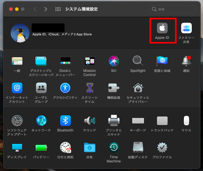 Apple IDをクリックする画面