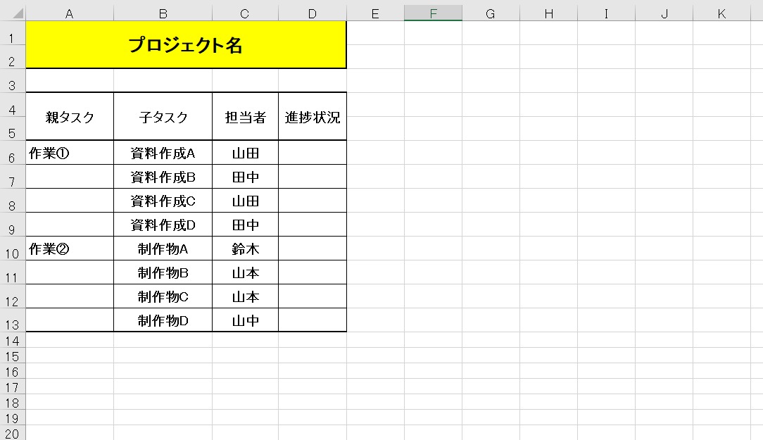 進捗管理表の項目を表す画面