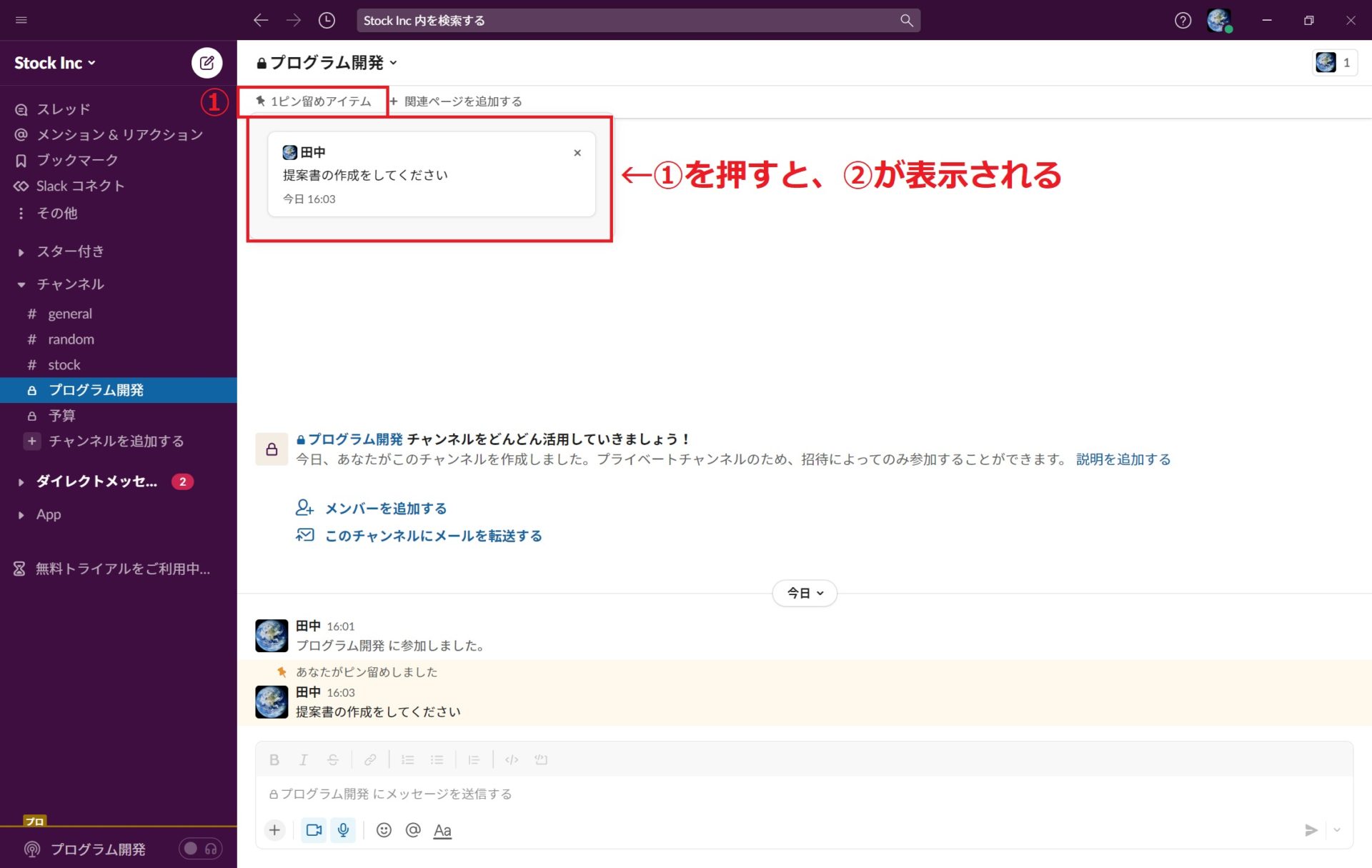 ピン留めしたメッセージの表示画面