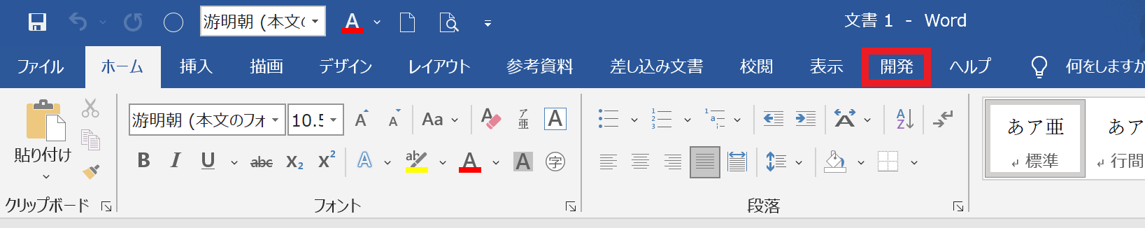 メニューバーに開発タブが反映されている画像