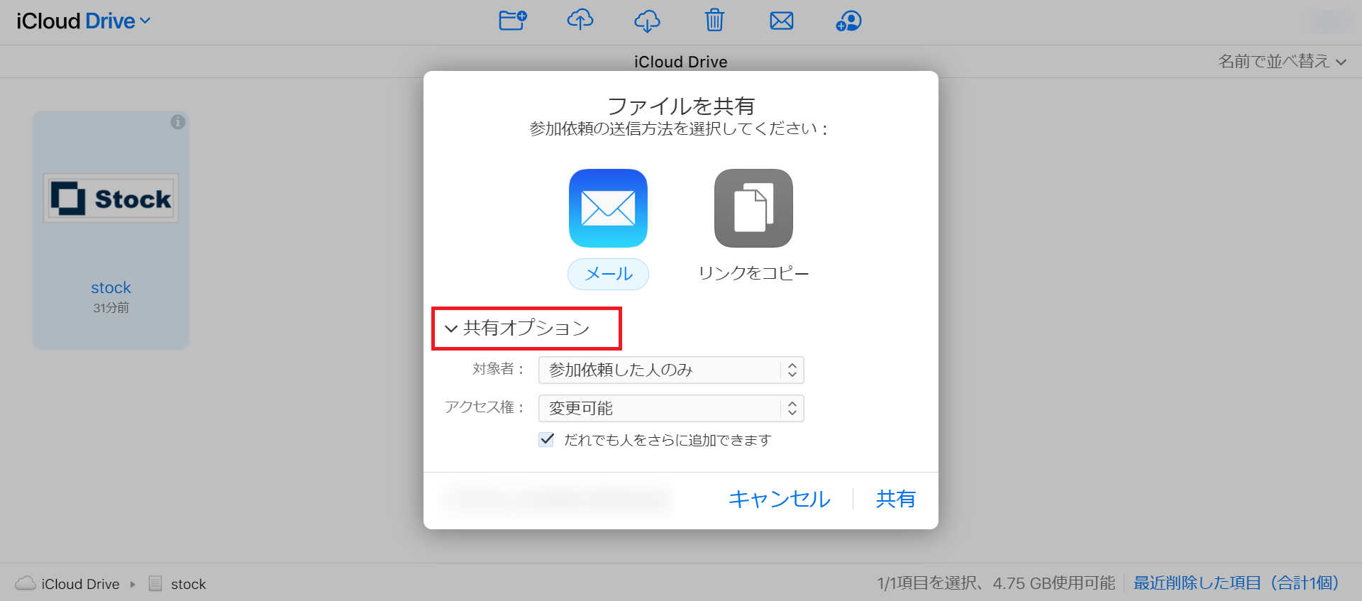共有オプションの選択画面