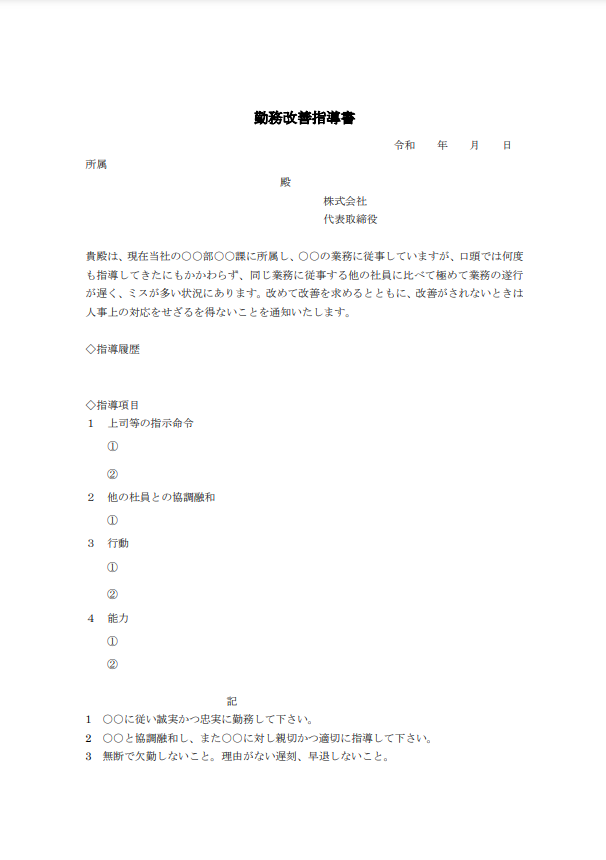 社会保険労務士法人 clovic提供の勤務改善指導書のテンプレート