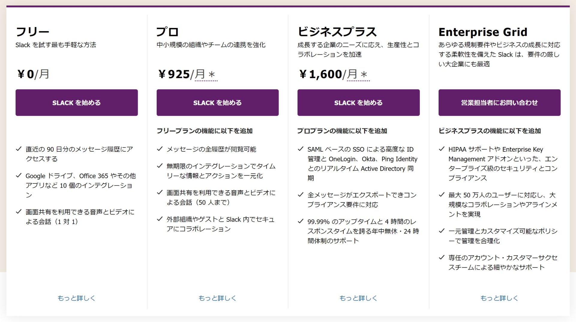 Slackの料金プランページ