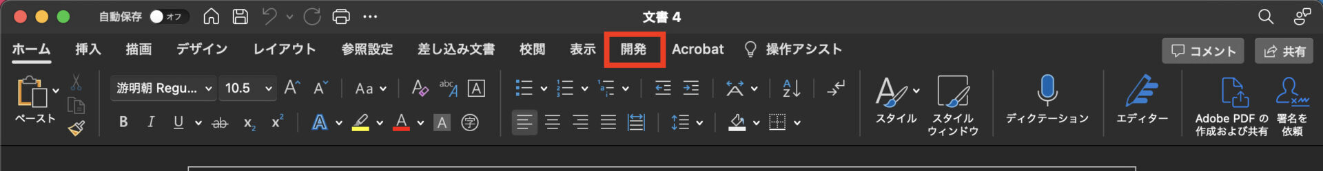 開発タブが追加されているか確認する画像