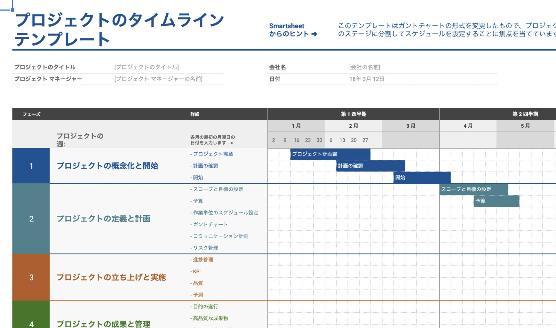 Googleスプレッドシートの案件タイムラインのテンプレート画面