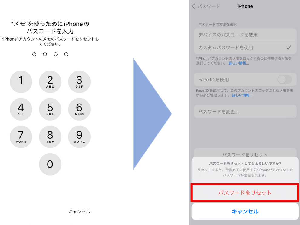 リセットを完了する画面