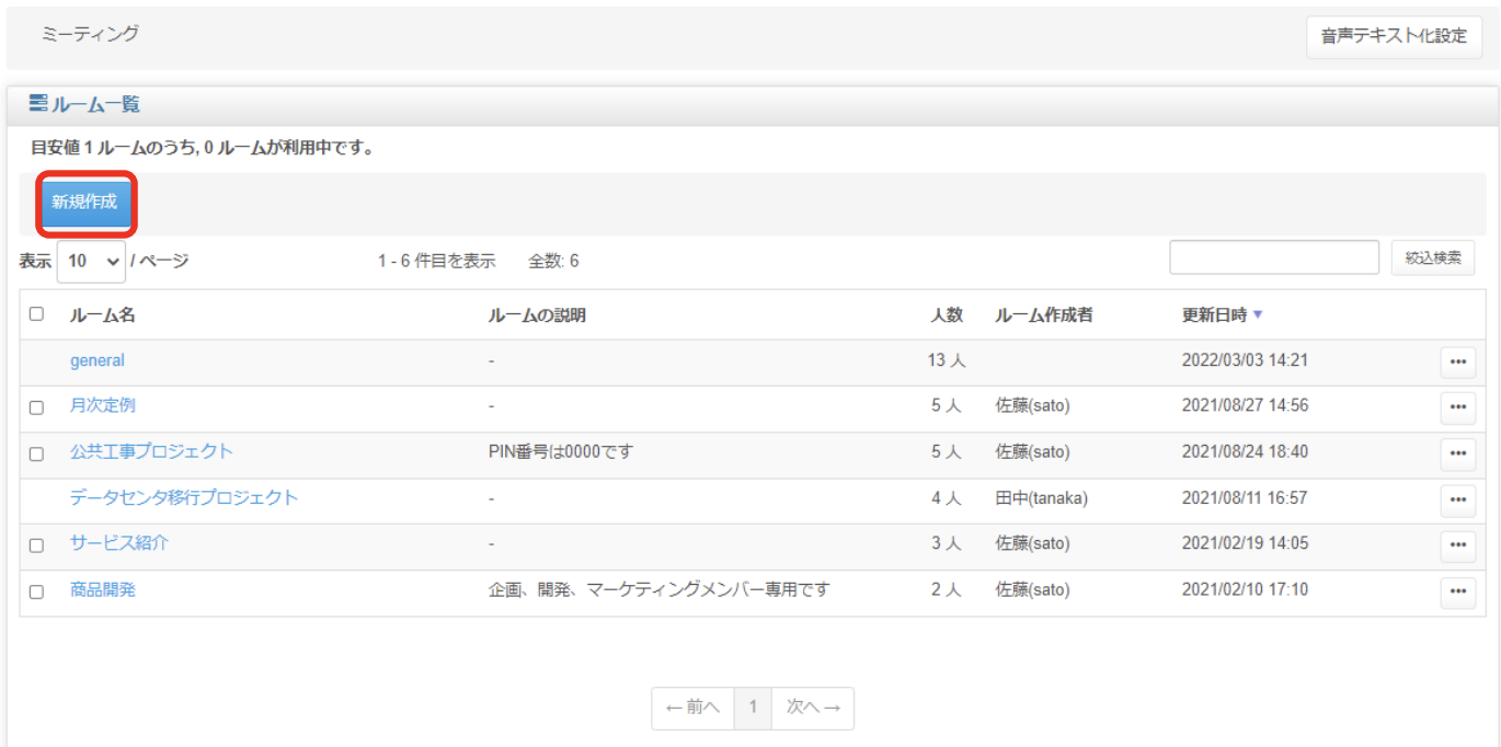 COTOHA Meeting Assist「新規作成」ボタンのクリック画面