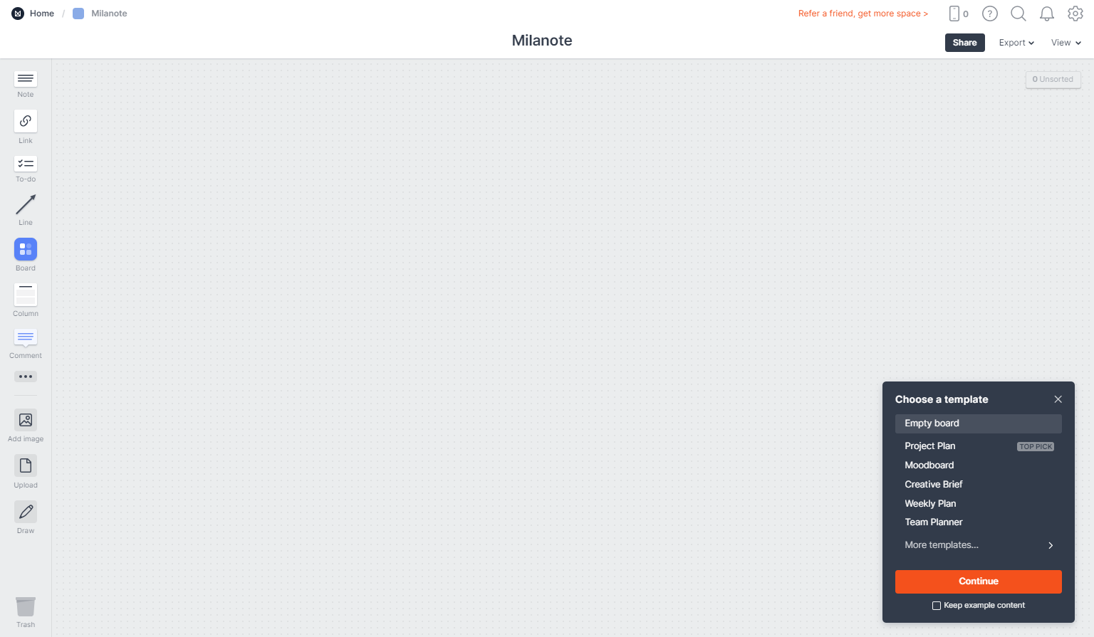 Milanoteのボードを開いた画面