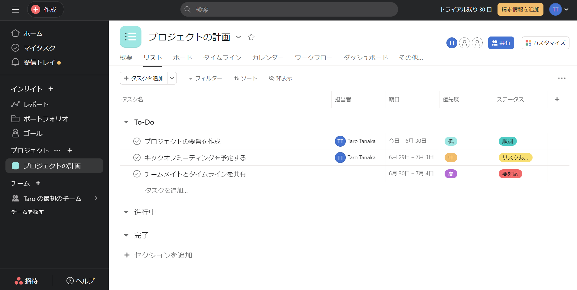 Asanaのタスク管理画面