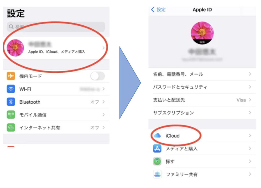 設定アプリからアカウント情報をタップする画面