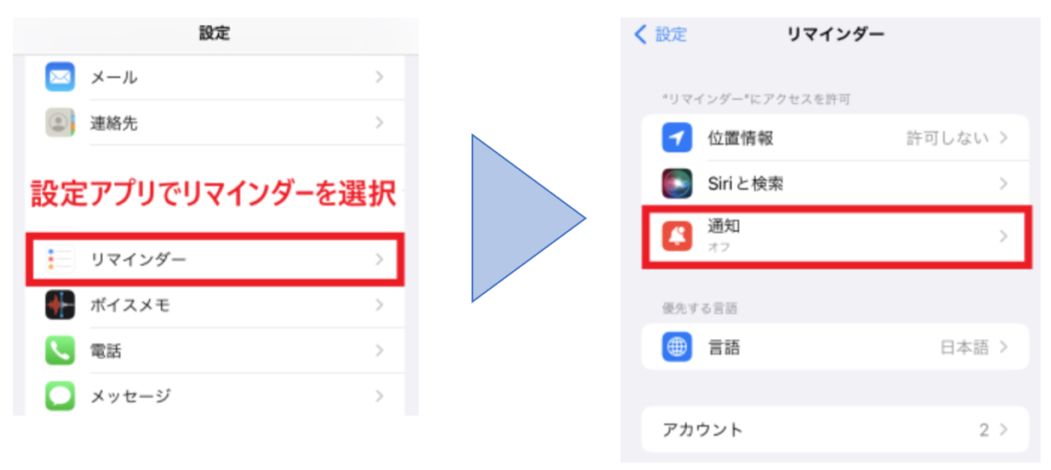 iPhoneの設定アプリでリマインダーを選択し、通知をタップする画面