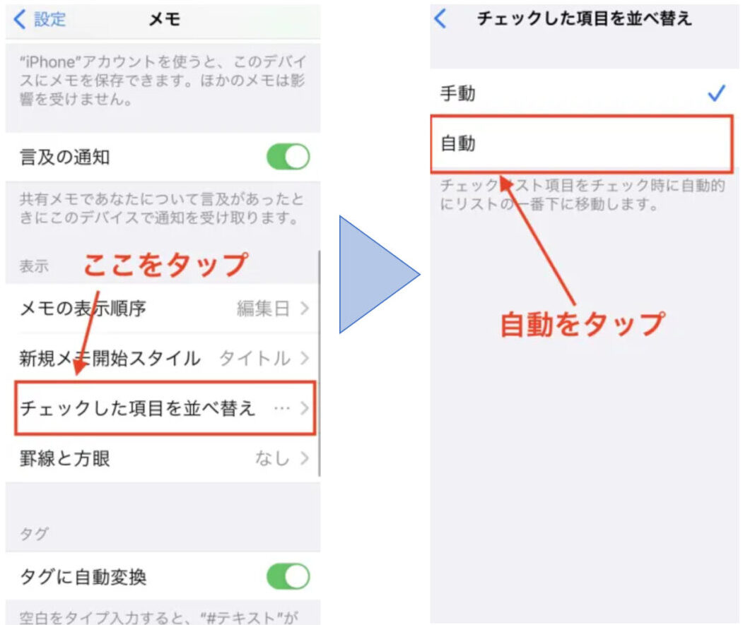 チェックした項目を並び替えて自動を選択する画面