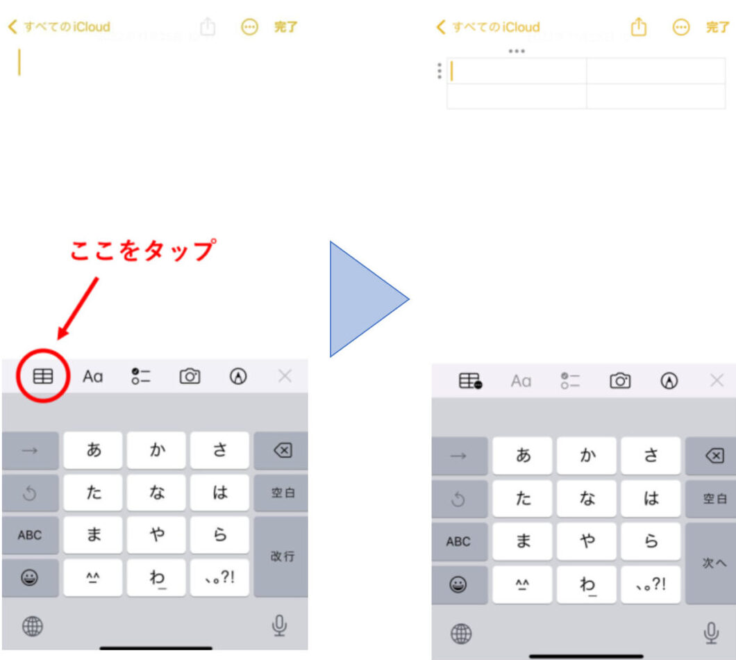 表マークをタップして表が挿入された画面
